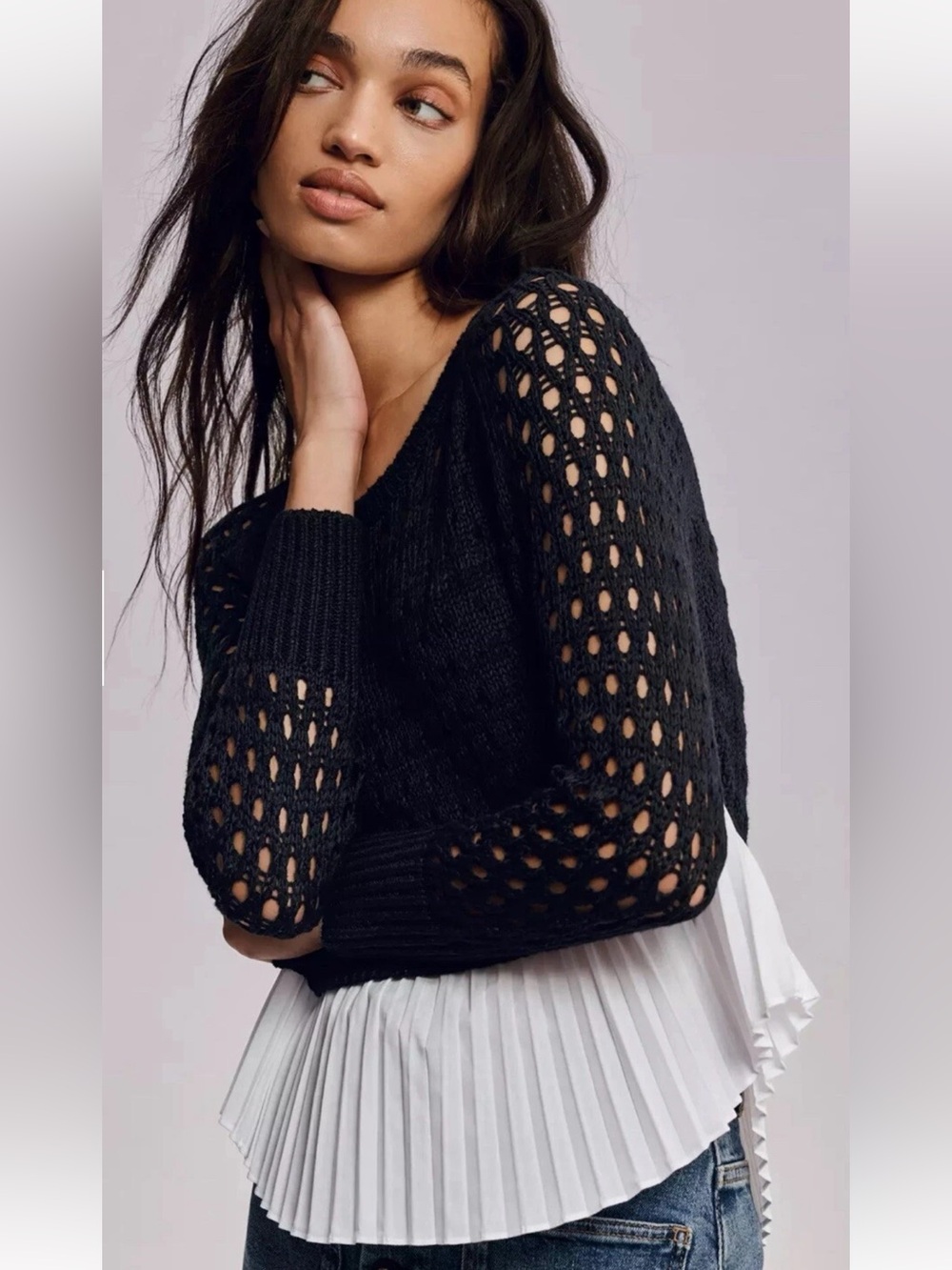 Maeve by Anthropologie Layered Pleated Loose Weave Crochet Sweater